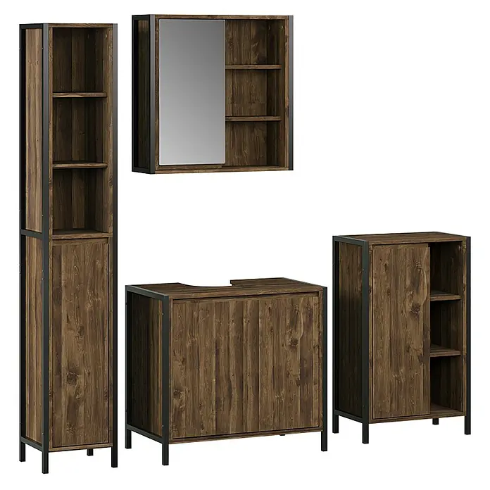 Vicco Badmöbel-Set Naola Eiche/Schwarz 4 Teile - Eiche, Matt - Badezimmermöbelset aus dunklem Holz und schwarzem Metall: Hochschrank, Spiegelschrank, Waschtischunterschrank und Kommode.