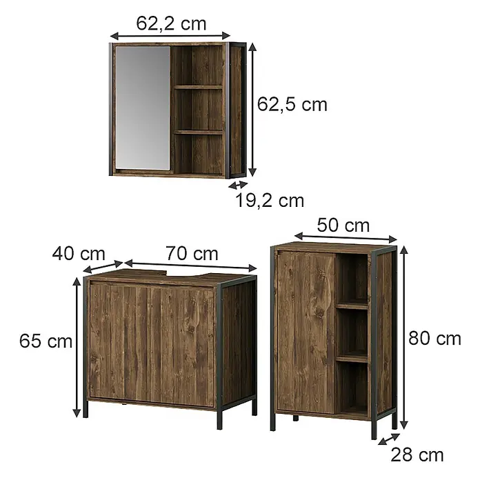 Vicco Badmöbel-Set Naola Eiche/Schwarz 3 Teile - Eiche, Matt - Badmöbel-Set aus braunem Holz mit schwarzem Metallrahmen, bestehend aus Spiegelschrank, Waschtischunterschrank und Beistellschrank mit Regalen.
