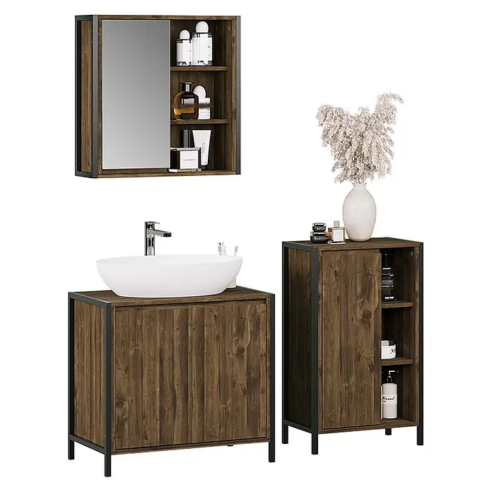 Vicco Badmöbel-Set Naola Eiche/Schwarz 3 Teile - Eiche, Matt - Badmöbelset aus dunkelbraunem Holz und schwarzem Metall: Spiegelschrank, Waschtisch mit weißem Waschbecken und Beistellschrank.