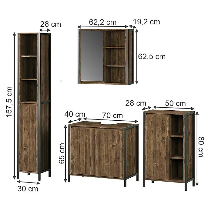 Vicco Badmöbel-Set Naola Eiche/Schwarz 4 Teile - Eiche, Matt - Modulares Badezimmermöbel-Set aus dunklem Holz mit schwarzen Metallrahmen, bestehend aus Hoch-, Spiegel-, Waschbecken- und Beistellschrank.