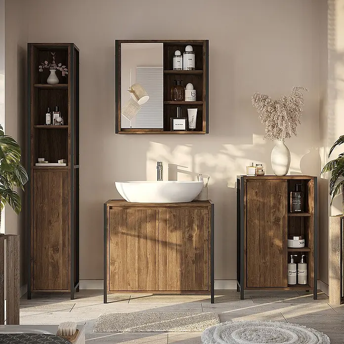Vicco Badmöbel-Set Naola Eiche/Schwarz 4 Teile - Eiche, Matt - Badezimmermöbel-Set aus dunklem Holz und schwarzem Metallrahmen mit Waschtisch, Hochschrank, Beistellschrank und Spiegel.