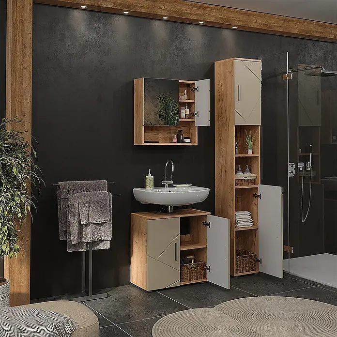Vicco Badmöbel-Set Irma Beige 3 Teile - Gesamtbreite Badmöbel: 90 cm, Beige, Matt - Modernes Badmöbel-Set mit Holzmaserung und beigefarbenen Akzenten, bestehend aus Waschtischunterschrank, Spiegelschrank und Hochschrank.