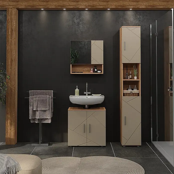 Vicco Badmöbel-Set Irma Beige 3 Teile - Gesamtbreite Badmöbel: 90 cm, Beige, Matt - Modernes Badmöbelset in Beige und Holz mit geometrischen Mustern, bestehend aus Waschtischunterschrank, Spiegelschrank und Hochschrank.
