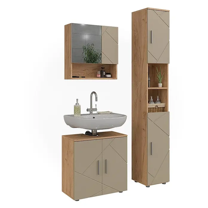 Vicco Badmöbel-Set Irma Beige 3 Teile - Gesamtbreite Badmöbel: 90 cm, Beige, Matt - Badezimmermöbel-Set: Holzoptik-Schränke mit beigen Türen mit geometrischem Muster, weißes Keramikwaschbecken und Spiegelschrank.