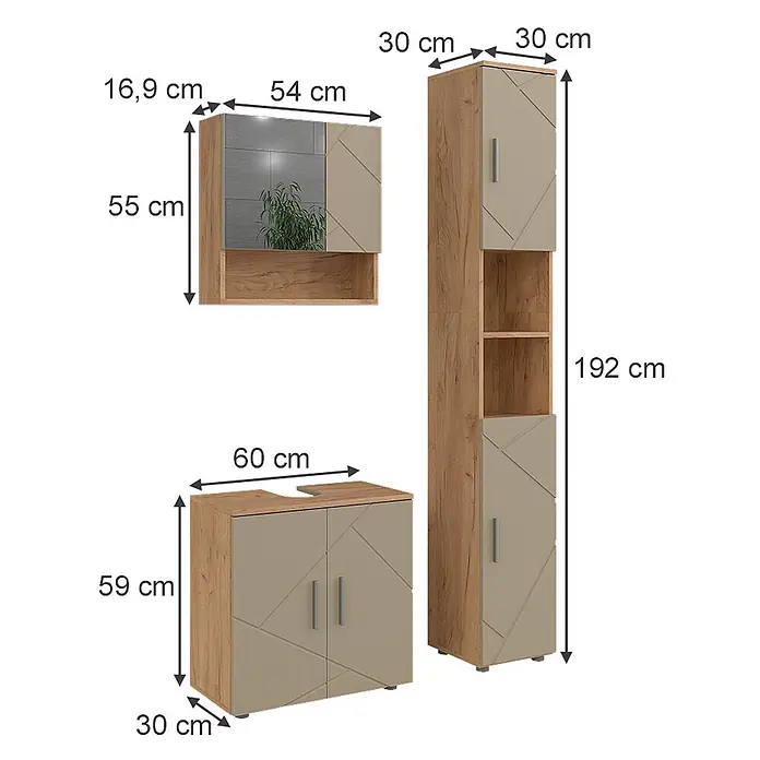 Vicco Badmöbel-Set Irma Beige 3 Teile - Gesamtbreite Badmöbel: 90 cm, Beige, Matt - Dreiteiliges Badmöbelset aus hellem Holz und Beige, bestehend aus Spiegelschrank, Hochschrank und Waschtischunterschrank.