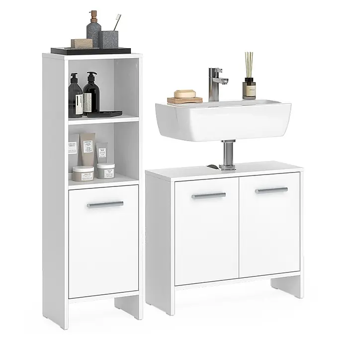 Vicco Badmöbel-Set Karli Weiß 2 Teile - Weiß, Matt - Weißes Badmöbel-Set mit einem hohen Hochschrank und einem Waschtischunterschrank mit weißem Keramikwaschbecken und Armatur.