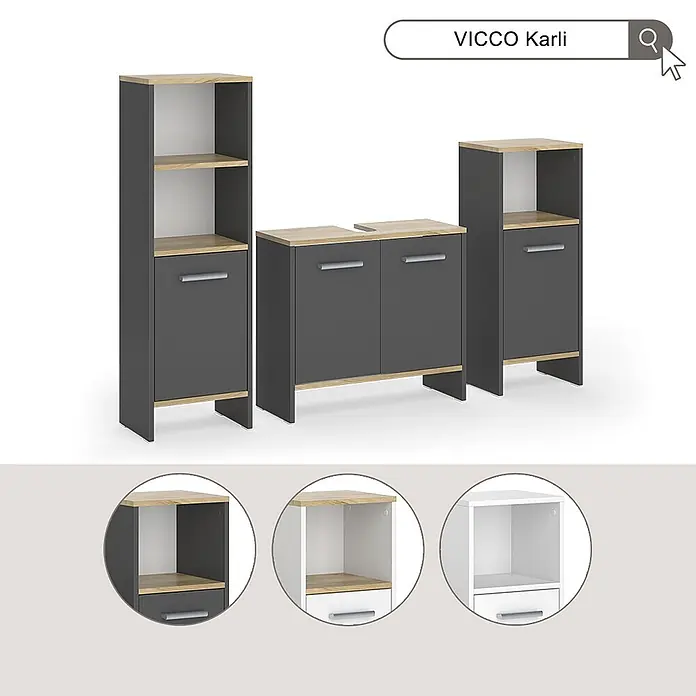 Vicco Badmöbel-Set Karli Weiß 2 Teile - Weiß, Matt - Set aus drei modularen Aufbewahrungsschränken in Anthrazit mit hellen Holzplatten und -sockeln, mit offenen Regalen und geschlossenen Fächern mit silbernen Griffen.