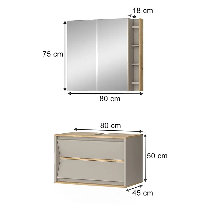 Vicco Badmöbel-Set Edelin Cashmere 2 Teile - Cashmere, Matt - Badezimmerschrank mit zwei Spiegeltüren und offenen Regalen, kombiniert mit einem Waschtischunterschrank mit zwei Schubladen in heller Holzoptik und Grau.