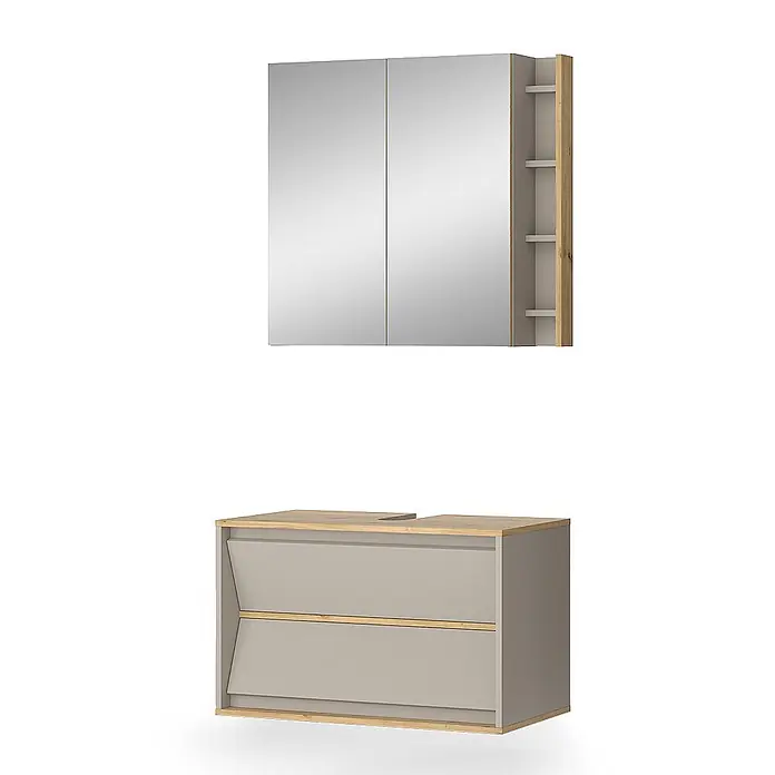 Vicco Badmöbel-Set Edelin Cashmere 2 Teile - Cashmere, Matt - Zweiteiliges Badmöbelset: ein Spiegelschrank mit offenen Seitenregalen und ein hellgrauer Waschtischunterschrank mit zwei Schubladen und Holzapplikationen.