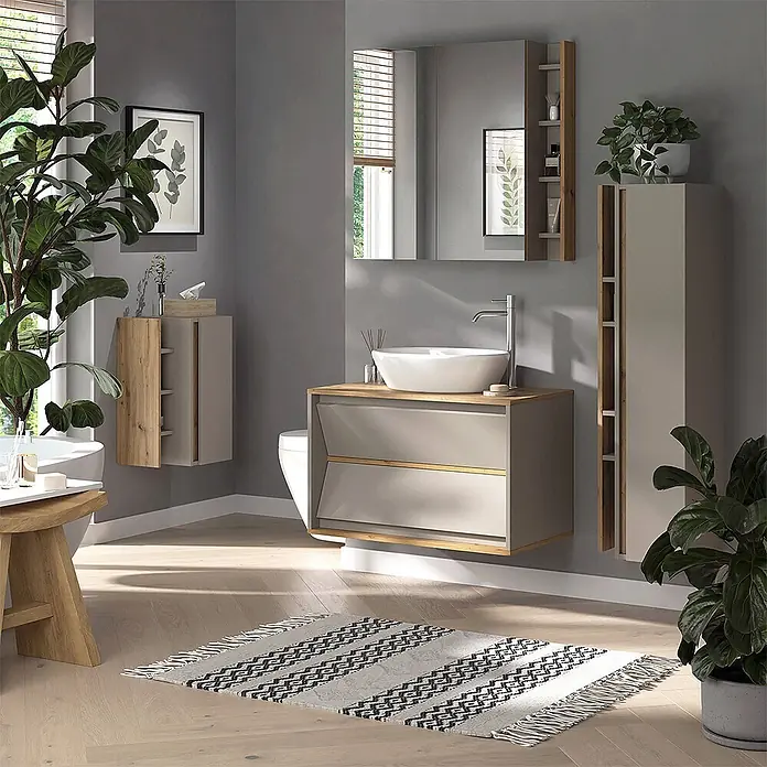 Vicco Badmöbel-Set Edelin Cashmere 2 Teile - Cashmere, Matt - Moderner grauer Bad-Waschtisch mit Holzakzenten, Hängeschrank und hohem Schrank.