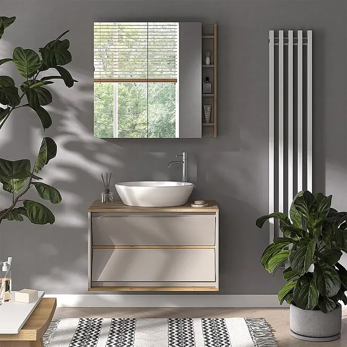Vicco Badmöbel-Set Edelin Cashmere 2 Teile - Cashmere, Matt - Moderner Bad-Waschtisch mit hellgrauen Schubladen, Holzplatte und weißem Aufsatzwaschbecken, ergänzt durch einen passenden Spiegelschrank.