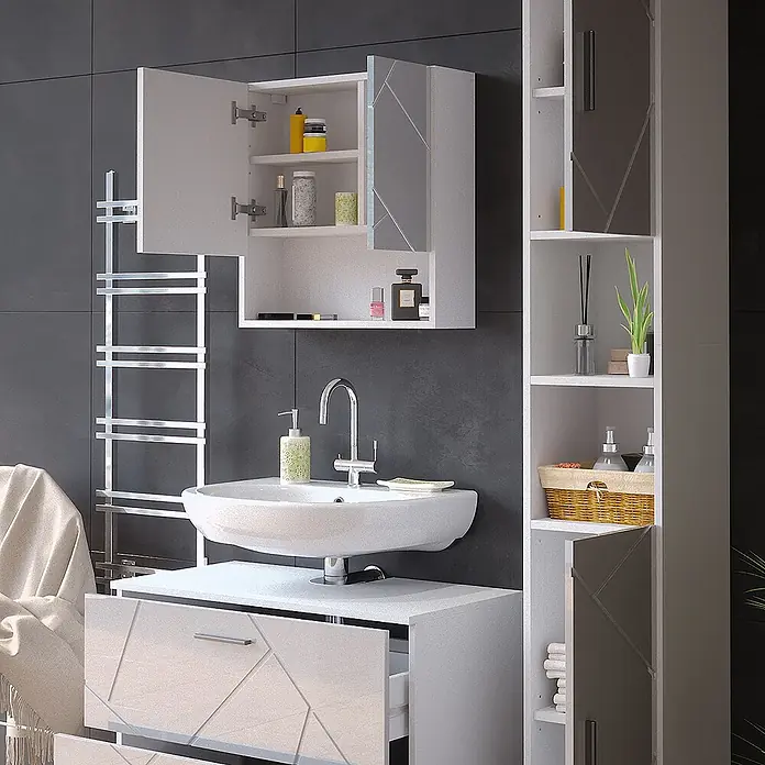 Vicco Badmöbel-Set Irma Weiß Hochglanz 3 Teile, mit Schubladenschrank und Hochschrank - Gesamtbreite Badmöbel: 110 cm, Weiß Hochglanz, Glänzend - Modernes weißes Badmöbel-Set mit Waschbecken, Wandschrank und hohem Stauraumschrank, mit geometrischen Mustern.