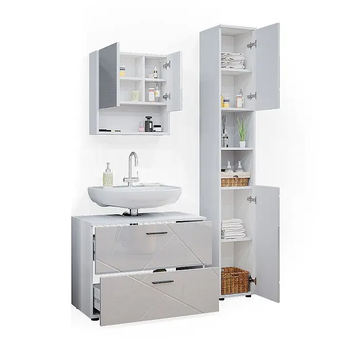 Vicco Badmöbel-Set Irma Weiß Hochglanz 3 Teile, mit Schubladenschrank und Hochschrank - Gesamtbreite Badmöbel: 110 cm, Weiß Hochglanz, Glänzend - Weißes und hellgraues Hochglanz-Badezimmermöbelset mit Waschbecken, Wandschrank und hohem Schrank, mit geometrischen Mustern.