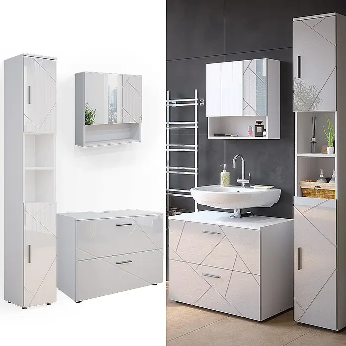Vicco Badmöbel-Set Irma Weiß Hochglanz 3 Teile, mit Schubladenschrank und Hochschrank - Gesamtbreite Badmöbel: 110 cm, Weiß Hochglanz, Glänzend - Weißes Hochglanz-Badmöbelset mit geometrischem Facettendesign: hoher Schrank, Spiegelschrank und Waschtischunterschrank.