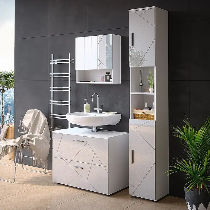 Vicco Badmöbel-Set Irma Weiß Hochglanz 3 Teile, mit Schubladenschrank und Hochschrank - Gesamtbreite Badmöbel: 110 cm, Weiß Hochglanz, Glänzend - Modernes weißes Badmöbelset mit geometrischem Muster: Waschtisch, Waschbecken, Spiegelschrank, Hochschrank.