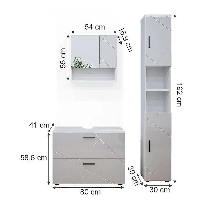 Vicco Badmöbel-Set Irma Weiß Hochglanz 3 Teile, mit Schubladenschrank und Hochschrank - Gesamtbreite Badmöbel: 110 cm, Weiß Hochglanz, Glänzend - Hellgraues Badmöbel-Set: Waschtischunterschrank, Wandschrank und Hochschrank mit geometrischem Muster und dunklen Griffen, inkl. Maße.