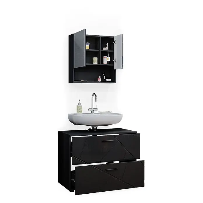 Vicco Badmöbel-Set Irma Anthrazit Hochglanz 2 Teile - Gesamtbreite Badmöbel: 80 cm, Anthrazit Hochglanz, Glänzend - Dunkelgraues Badmöbel-Set mit Wandschrank, weißem Waschbecken und Unterschrank mit gemusterten Schubladen, eine geöffnet.