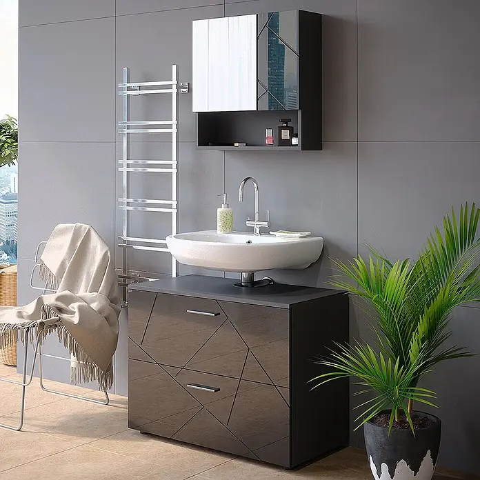 Vicco Badmöbel-Set Irma Anthrazit Hochglanz 2 Teile - Gesamtbreite Badmöbel: 80 cm, Anthrazit Hochglanz, Glänzend - Dunkelgrauer Waschtisch mit geometrischen Schubladen und weißem Waschbecken, kombiniert mit passendem Wandschrank im modernen Bad.