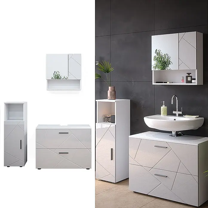 Vicco Badmöbel-Set Irma Weiß Hochglanz 3 Teile, mit Midischrank - Gesamtbreite Badmöbel: 110 cm, Weiß Hochglanz, Glänzend - Weißes Badezimmermöbelset mit geometrischem Muster: Waschtischunterschrank, Hochschrank und Wandspiegelschrank für ein modernes Badezimmer.