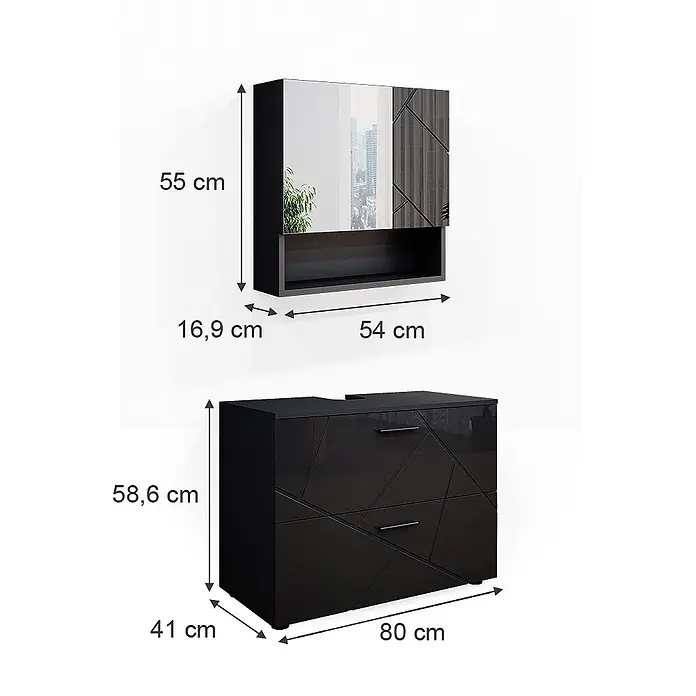 Vicco Badmöbel-Set Irma Anthrazit Hochglanz 2 Teile - Gesamtbreite Badmöbel: 80 cm, Anthrazit Hochglanz, Glänzend - Schwarzer Waschtischunterschrank mit geometrischem Design und passender Spiegelschrank mit Ablage.