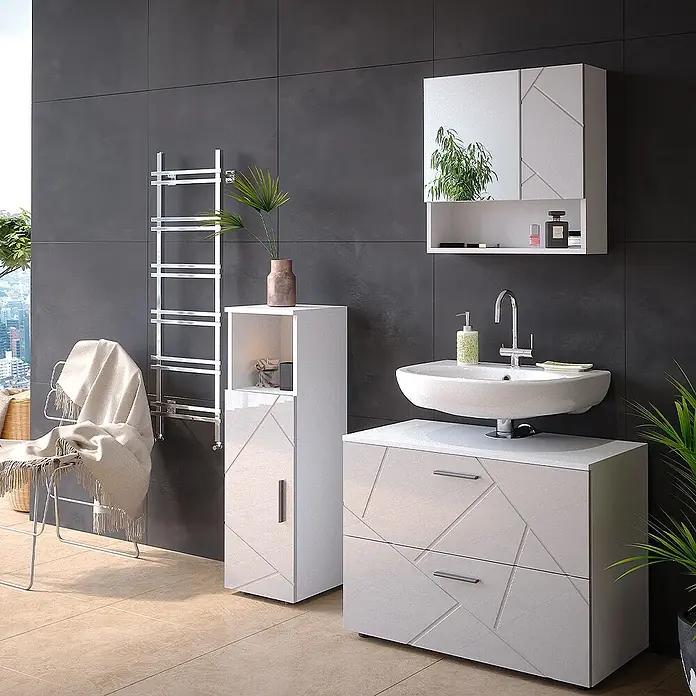 Vicco Badmöbel-Set Irma Weiß Hochglanz 3 Teile, mit Midischrank - Gesamtbreite Badmöbel: 110 cm, Weiß Hochglanz, Glänzend - Modernes helles Badmöbel-Set: Waschtischunterschrank, Hochschrank und Spiegelschrank, alle mit geometrischen Hochglanzfronten.