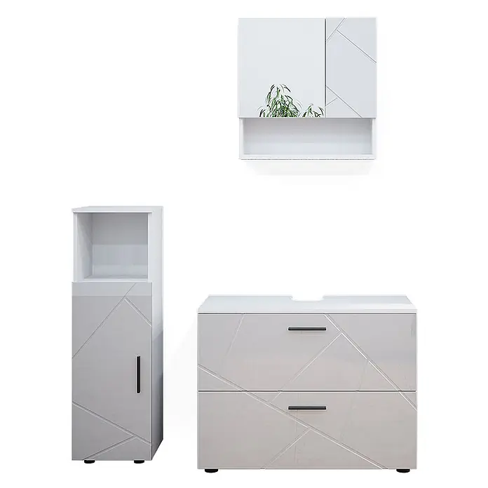 Vicco Badmöbel-Set Irma Weiß Hochglanz 3 Teile, mit Midischrank - Gesamtbreite Badmöbel: 110 cm, Weiß Hochglanz, Glänzend - Modernes weißes Badmöbel-Set mit geometrischem Muster: Wandschrank, Hochschrank und Waschtischunterschrank mit schwarzen Griffen.
