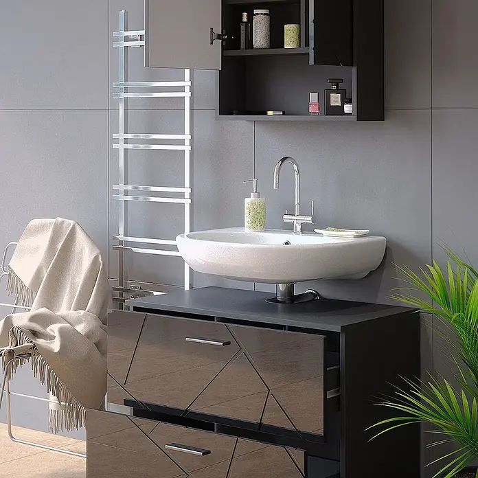 Vicco Badmöbel-Set Irma Anthrazit Hochglanz 2 Teile - Gesamtbreite Badmöbel: 80 cm, Anthrazit Hochglanz, Glänzend - Schwarzer Badezimmer-Waschtisch mit geometrisch gemusterten Schubladen und einem weißen Keramikwaschbecken, kombiniert mit einem passenden Hängeschrank.