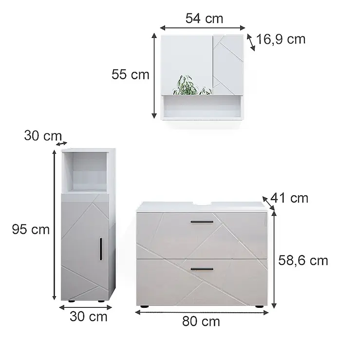 Vicco Badmöbel-Set Irma Weiß Hochglanz 3 Teile, mit Midischrank - Gesamtbreite Badmöbel: 110 cm, Weiß Hochglanz, Glänzend - Weißes Badmöbelset mit geometrischem Muster, bestehend aus Hängeschrank, Hochschrank und Waschtischunterschrank mit Schubladen.