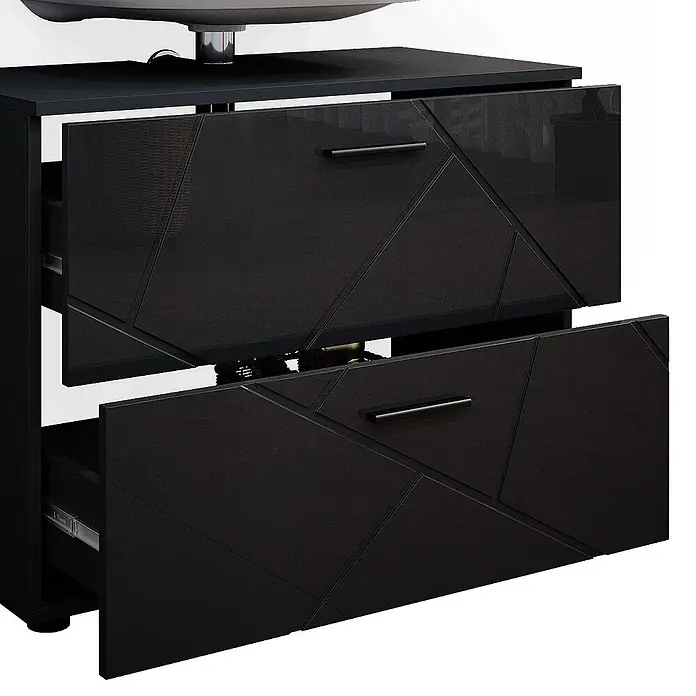 Vicco Badmöbel-Set Irma Anthrazit Hochglanz 2 Teile - Gesamtbreite Badmöbel: 80 cm, Anthrazit Hochglanz, Glänzend - Moderner, schwarzer Schrank mit zwei leicht geöffneten Schubladen, geometrischen Mustern und schlanken Griffen.
