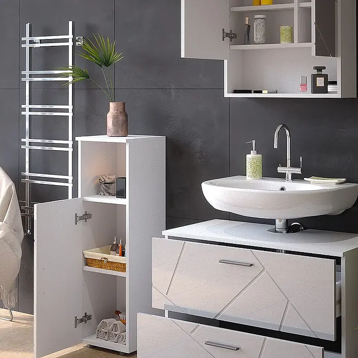 Vicco Badmöbel-Set Irma Weiß Hochglanz 3 Teile, mit Midischrank - Gesamtbreite Badmöbel: 110 cm, Weiß Hochglanz, Glänzend - Moderne weiße Badezimmermöbel mit geometrischen Schubladen, einem hohen Schrank und einem Wandschrank.