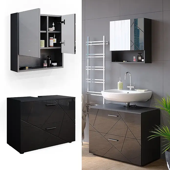 Vicco Badmöbel-Set Irma Anthrazit Hochglanz 2 Teile - Gesamtbreite Badmöbel: 80 cm, Anthrazit Hochglanz, Glänzend - Glänzender schwarzer Wandschrank mit Spiegel und Bodenschrank mit geometrischem Linienmuster für ein modernes Badezimmer.