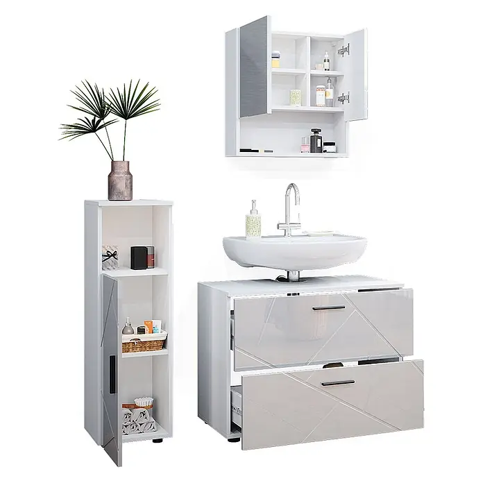Vicco Badmöbel-Set Irma Weiß Hochglanz 3 Teile, mit Midischrank - Gesamtbreite Badmöbel: 110 cm, Weiß Hochglanz, Glänzend - Weißes Badmöbel-Set mit Waschbecken, Hochschrank und Spiegelschrank.