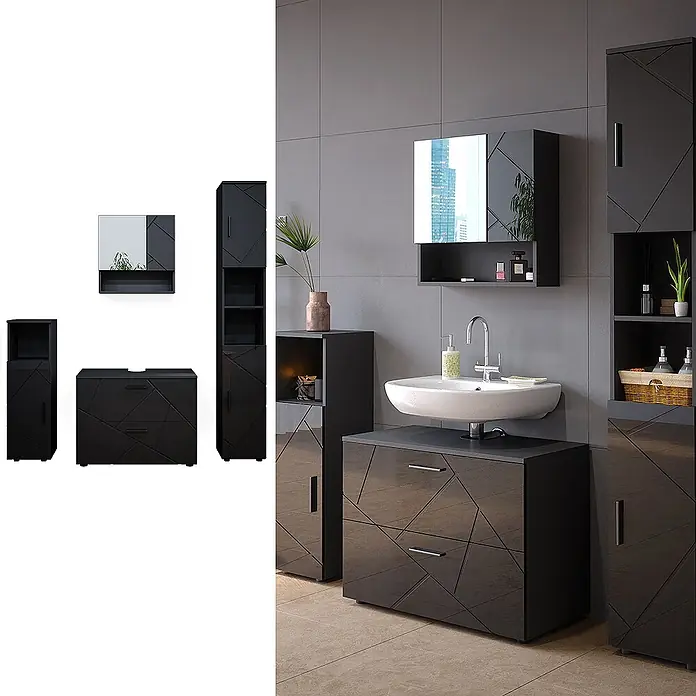 Vicco Badmöbel-Set Irma Anthrazit Hochglanz 4 Teile,mit Schubladenschrank und Hochschrank - Anthrazit Hochglanz, Glänzend - Dunkelgraue Badmöbelgarnitur mit geometrischem Muster, bestehend aus Waschbeckenunterschrank, Spiegelschrank und Hochschrank.