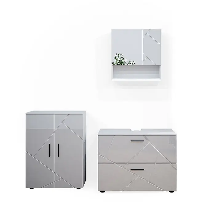 Vicco Badmöbel-Set Irma Weiß Hochglanz 3 Teile, mit Unterschrank 80 cm - Gesamtbreite Badmöbel: 140 cm, Weiß Hochglanz, Glänzend - Hellgraues Badmöbel-Set mit geometrischem Muster: Wandschrank, Hochschrank und Waschtischunterschrank.