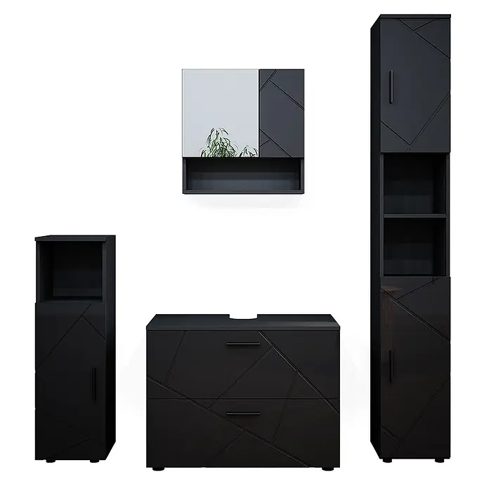 Vicco Badmöbel-Set Irma Anthrazit Hochglanz 4 Teile,mit Schubladenschrank und Hochschrank - Anthrazit Hochglanz, Glänzend - Set schwarzer, moderner Badmöbel mit geometrischen Mustern, bestehend aus Spiegelschrank, Waschtischunterschrank und zwei Hochschränken.