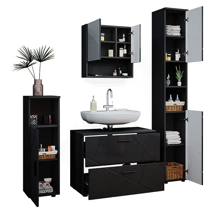 Vicco Badmöbel-Set Irma Anthrazit Hochglanz 4 Teile,mit Schubladenschrank und Hochschrank - Anthrazit Hochglanz, Glänzend - Modernes schwarzes Badezimmermöbel-Set mit Waschbecken, zwei Schubladen, Wandschrank und zwei weiteren Aufbewahrungsschränken, das viel Stauraum bietet.