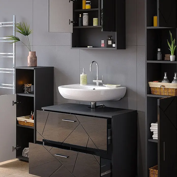 Vicco Badmöbel-Set Irma Anthrazit Hochglanz 4 Teile,mit Schubladenschrank und Hochschrank - Anthrazit Hochglanz, Glänzend - Schwarzer Badunterschrank mit weißem Waschbecken und geometrischen Schubladenfronten, ergänzt durch dunkle Schränke.