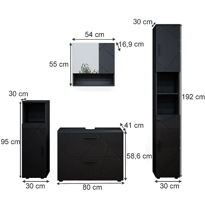 Vicco Badmöbel-Set Irma Anthrazit Hochglanz 4 Teile,mit Schubladenschrank und Hochschrank - Anthrazit Hochglanz, Glänzend - Schwarzes Badezimmermöbel-Set mit geometrischen Mustern, bestehend aus Spiegelschrank, Hochschrank, Seitenschrank und Waschtischunterschrank.