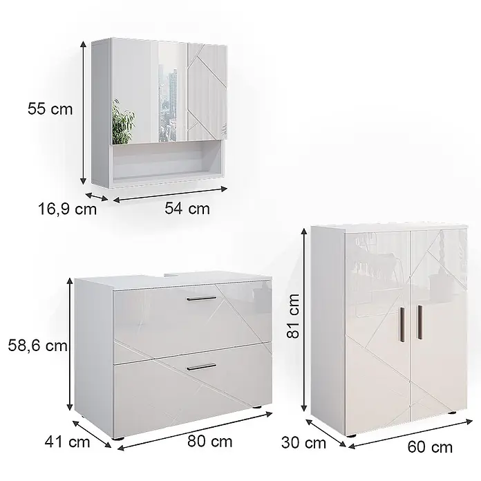 Vicco Badmöbel-Set Irma Weiß Hochglanz 3 Teile, mit Unterschrank 80 cm - Gesamtbreite Badmöbel: 140 cm, Weiß Hochglanz, Glänzend - Drei weiße hochglänzende Badmöbel (Wandschrank, Waschtischunterschrank, Hochschrank) mit geometrischen Mustern und Maßangaben.