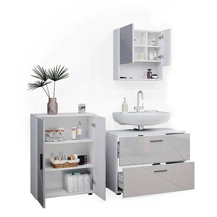 Vicco Badmöbel-Set Irma Weiß Hochglanz 3 Teile, mit Unterschrank 80 cm - Gesamtbreite Badmöbel: 140 cm, Weiß Hochglanz, Glänzend - Weißes Badmöbel-Set mit Waschbeckenunterschrank, Spiegelschrank und Beistellschrank.