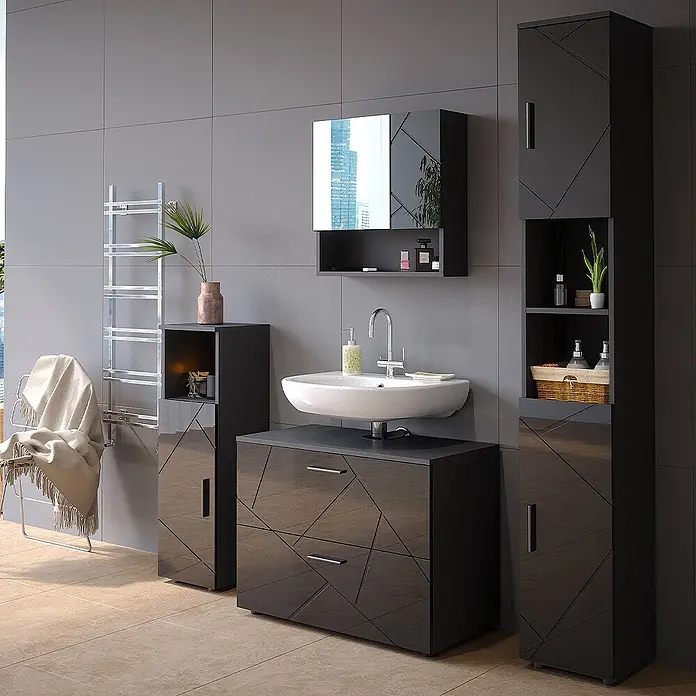 Vicco Badmöbel-Set Irma Anthrazit Hochglanz 4 Teile,mit Schubladenschrank und Hochschrank - Anthrazit Hochglanz, Glänzend - Moderne dunkelgraue Badmöbelgarnitur mit geometrischem Muster, bestehend aus Waschtisch, Hochschrank und Beistellschrank.