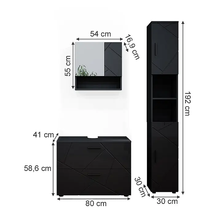 Vicco Badmöbel-Set Irma Anthrazit Hochglanz 3 Teile,mit Schubladenschrank und Hochschrank - Anthrazit Hochglanz, Glänzend - Schwarzes Badmöbelset: Spiegelschrank, Waschtischunterschrank und hoher Stauraumschrank mit geometrischem Muster und Maßen.