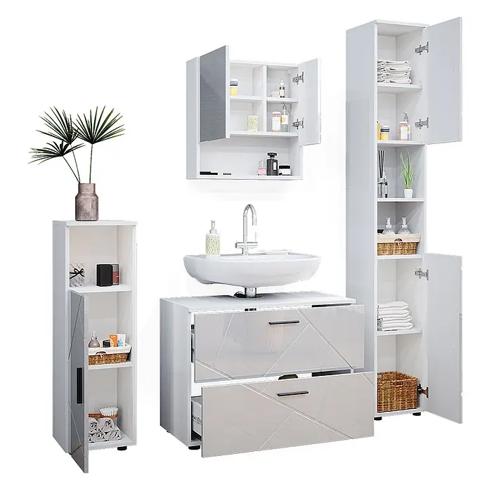 Vicco Badmöbel-Set Irma Weiß Hochglanz 4 Teile, mit Schubladenschrank und Hochschrank - Gesamtbreite Badmöbel: 140 cm, Weiß Hochglanz, Glänzend - Weißes Hochglanz-Badezimmermöbel-Set mit Waschtisch, Waschbecken, Wandschrank und zwei Lagerschränken, mit geometrischen Mustern.