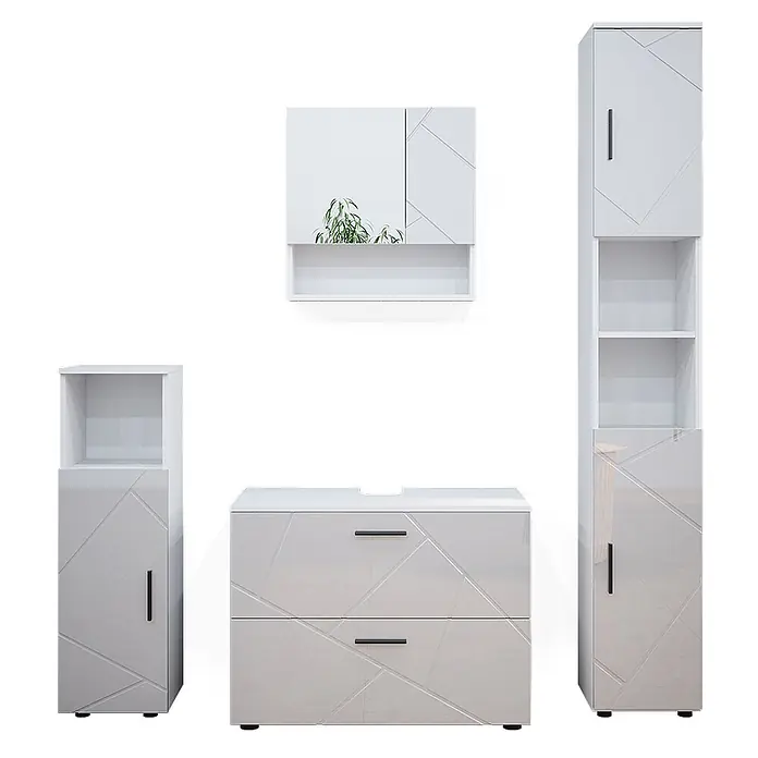 Vicco Badmöbel-Set Irma Weiß Hochglanz 4 Teile, mit Schubladenschrank und Hochschrank - Gesamtbreite Badmöbel: 140 cm, Weiß Hochglanz, Glänzend - Weißes hochglänzendes Badmöbelset mit geometrischem Muster: Spiegelschrank, Waschtischunterschrank und Hochschränke mit Regalen und Türen.