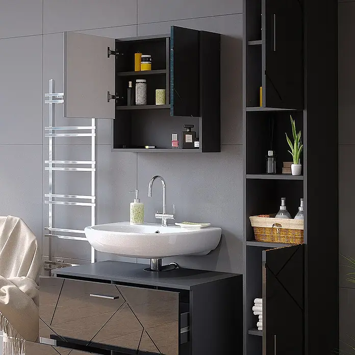 Vicco Badmöbel-Set Irma Anthrazit Hochglanz 3 Teile,mit Schubladenschrank und Hochschrank - Anthrazit Hochglanz, Glänzend - Modernes dunkelgraues Badmöbel-Set mit weißem Waschbecken, geometrischen Schubladen und passenden Hänge- und Hochschränken.