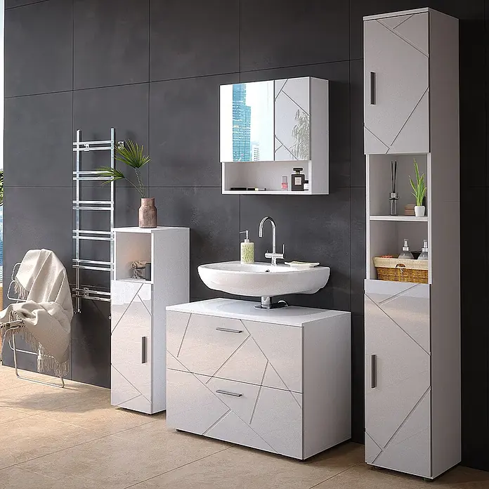 Vicco Badmöbel-Set Irma Weiß Hochglanz 4 Teile, mit Schubladenschrank und Hochschrank - Gesamtbreite Badmöbel: 140 cm, Weiß Hochglanz, Glänzend - Weißes Badmöbelset mit geometrischem Muster, inklusive Waschtisch, Spiegelschrank und zwei Hochschränken.