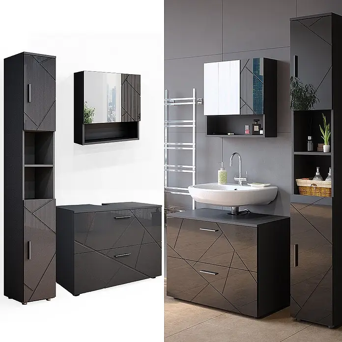Vicco Badmöbel-Set Irma Anthrazit Hochglanz 3 Teile,mit Schubladenschrank und Hochschrank - Anthrazit Hochglanz, Glänzend - Anthrazit glänzende Badmöbelgarnitur mit geometrischem Muster: Hochschrank, Waschtisch und Spiegelschrank.