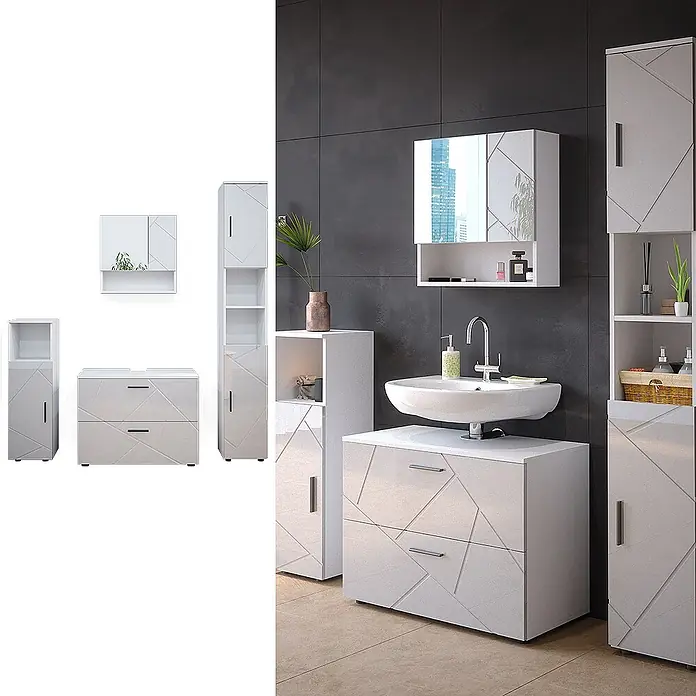 Vicco Badmöbel-Set Irma Weiß Hochglanz 4 Teile, mit Schubladenschrank und Hochschrank - Gesamtbreite Badmöbel: 140 cm, Weiß Hochglanz, Glänzend - Weißes Badezimmermöbel-Set mit geometrischem Muster, bestehend aus Waschtisch, Hochschränken und Spiegelschrank.