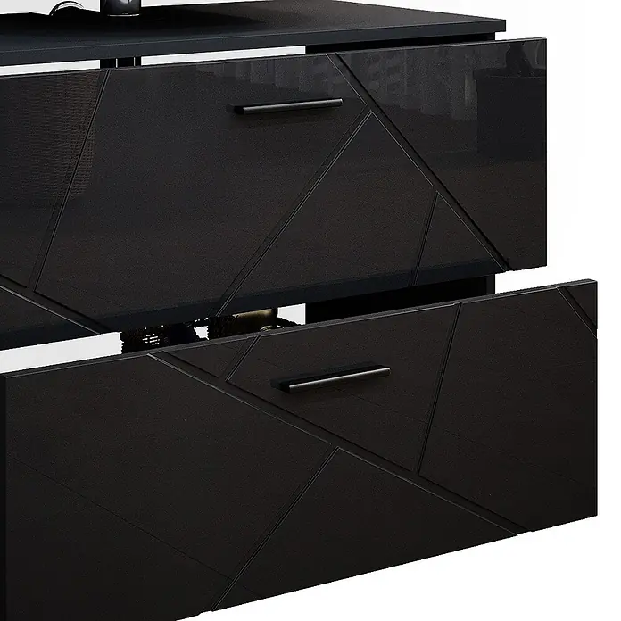 Vicco Badmöbel-Set Irma Anthrazit Hochglanz 3 Teile,mit Schubladenschrank und Hochschrank - Anthrazit Hochglanz, Glänzend - Schwarzer Schrank mit zwei Auszügen, einer geöffnet. Mit eleganten Griffen und modernem Geometriemuster.