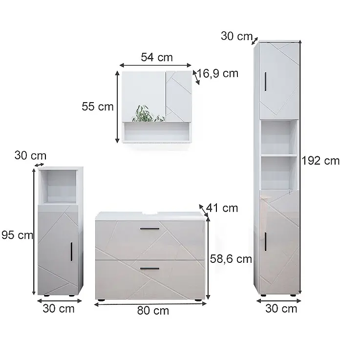 Vicco Badmöbel-Set Irma Weiß Hochglanz 4 Teile, mit Schubladenschrank und Hochschrank - Gesamtbreite Badmöbel: 140 cm, Weiß Hochglanz, Glänzend - Weißes Badmöbel-Set mit geometrischen Mustern, schwarzen Griffen. Enthält Waschtisch, Wandschrank und Hochschränke, mit Maßen.